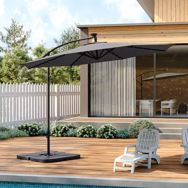 Livingandhome 32 LED Lighted Banana Hanging Cantilever Parasol with Base in Anthracite Grey