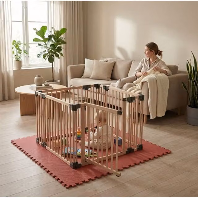 Safetots Hexagonal Wooden Play Den with Soft Foam Play Mat, Dusty Blue and Natural, W/D/H: 180 x 150 x 80 cm