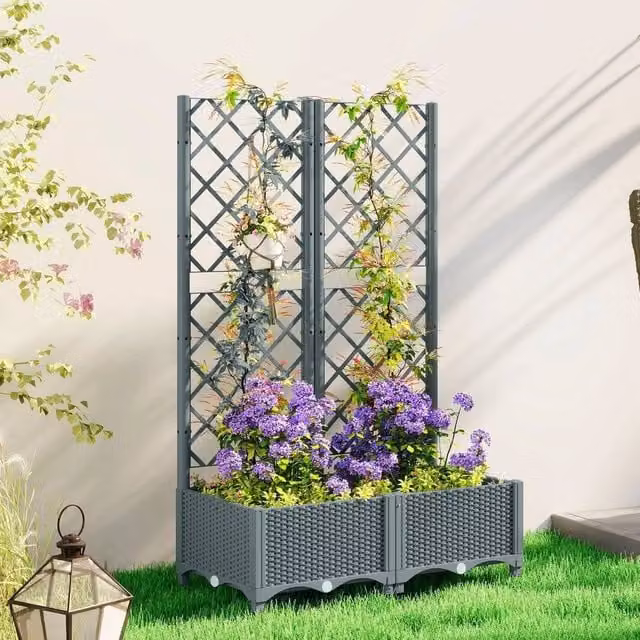 EONLION Grey Plastic Planter Tub with Climber Trellis, W/D/H: 123.0 x 80.0 x 38.0 cm