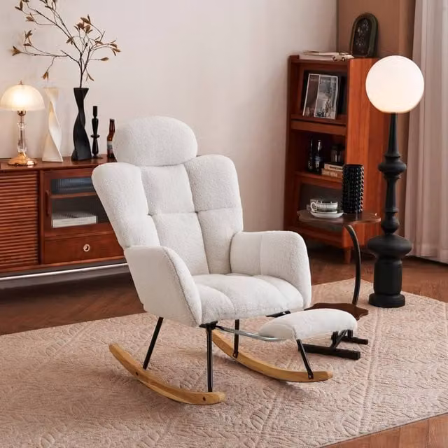 Direct Wicker Ivory Teddy Bouclé Fabric Tufted Upholstered Rocking Chair with Foldable Footrest
