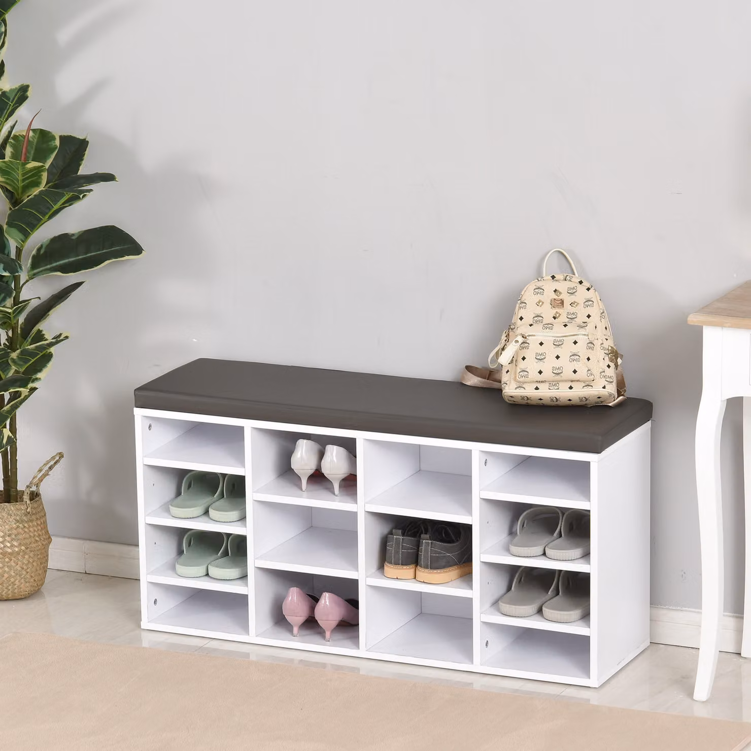 HOMCOM Multi-Storage Shoe Rack with 14 Compartments and Cushion in White – 2