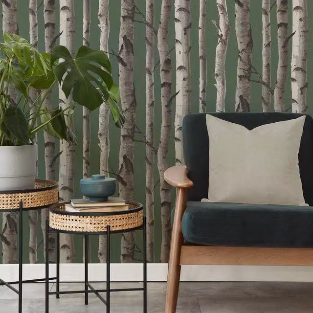 Fine Decor Birch Trees Botanical Mural Wallpaper in Green