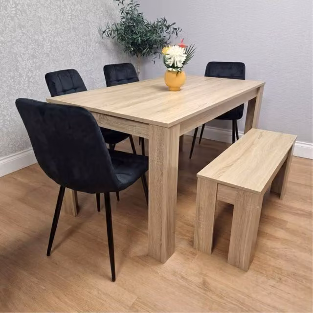 Kosy Koala Oak Dining Set with Rectangular Table, 4 Black Tufted Velvet Chairs and 1 Bench, Width: 117 cm