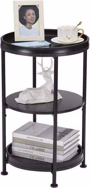 FORGEVIO Industrial Nordic 3-Tier Round Side Table in Black Metal – 1