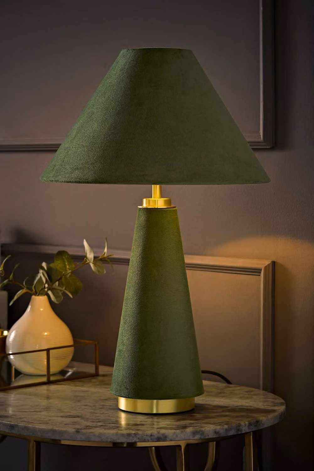 ValueLights Martha Conical Table Lamp with Green Velvet Fabric Shade and Gold Base, Bulb Included – 2