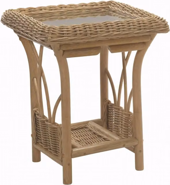 Desser Viola Cane Side Table in Light Oak with Glass and Rattan