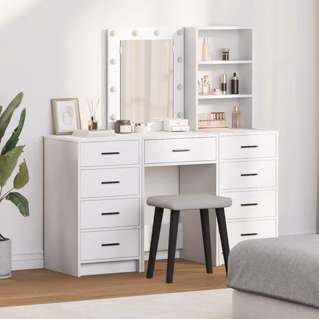 Berkfield Home 3 Piece Modern LED Dressing Table Set in White Matt MDF