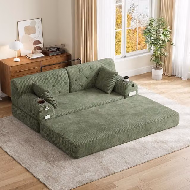 Aosom UK Green Corduroy Convertible Sleeper Sofa with High-Density Foam and Cup Holders, W: 80 cm, D: 168 cm, H: 81 cm