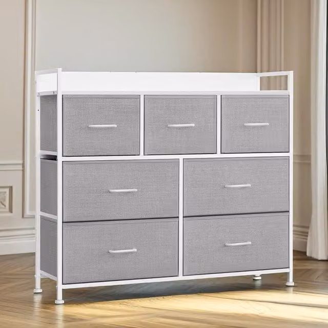 Furnold Industrial Bedroom Chest with 7 Fabric Drawers in Light Grey and White