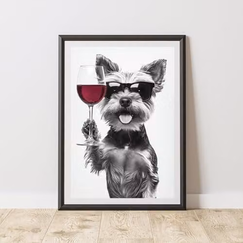 60 Second Makeover Yorkshire Terrier Drinking Wine Paper Poster, Black and White, A4