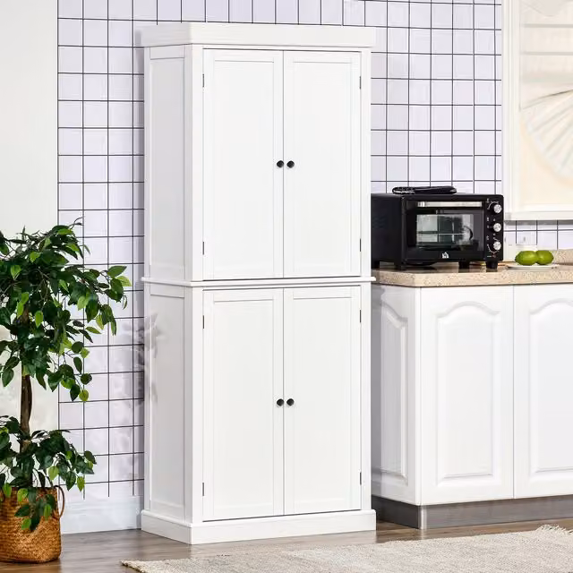 HOMCOM Modern White Freestanding Tall Kitchen Cupboard with Hinged Doors and Internal Shelves – 1