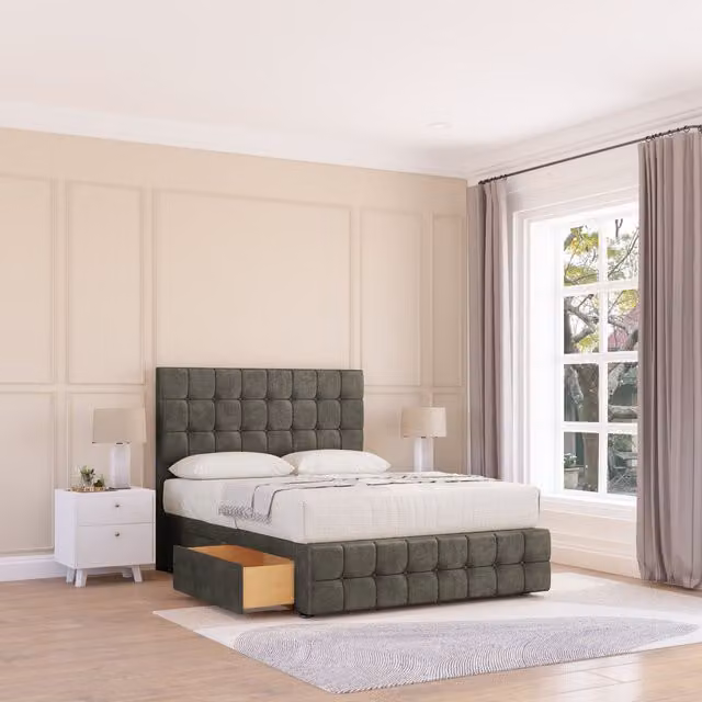 Sloomy Berlin Chesterfield Divan Bed Base with 2 Drawers and Headboard, Light Grey, W/D/H: 90 x 190 cm