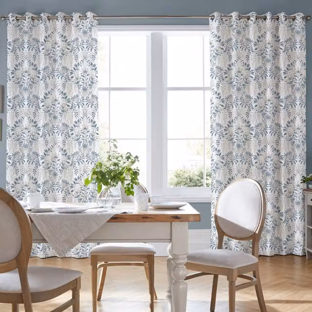 Laura Ashley Parterre Made To Measure Blackout Eyelet Curtains in Off White and Seaspray Floral Design