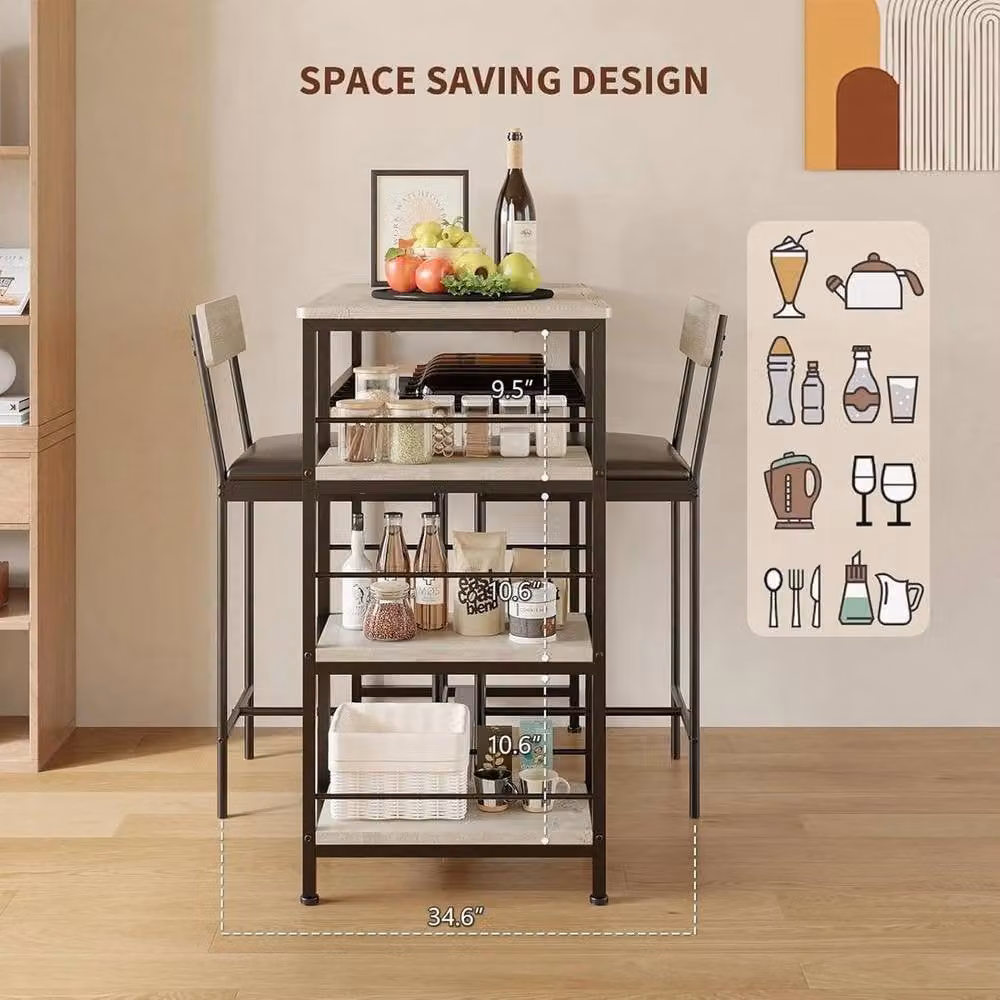 KORVIXA 3-Piece Modern Dining Set with Upholstered Bar Stools and Wine Rack, Multicolour, W/D/H: 100 x 100 x 100 cm – 3
