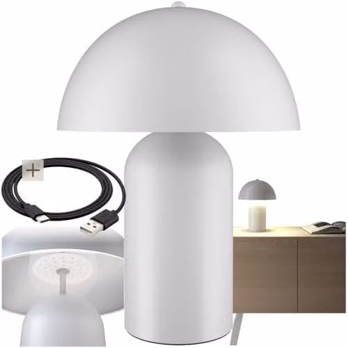 tectake Mushroom Table Lamp in White Coated Steel, Rechargeable Cordless Portable Touch Light with 3-Step Dimming Function