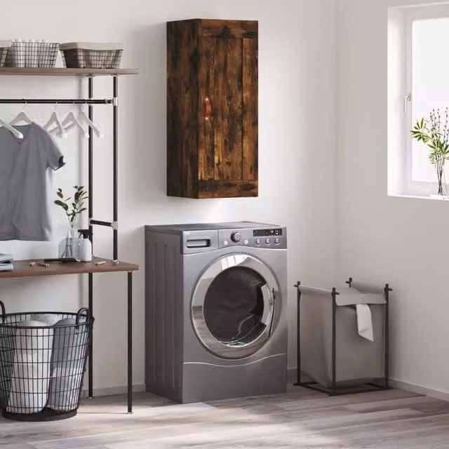 Berkfield Home Wall Mounted Smoked Oak Cabinet in Brown, W/D/H: 34.5 x 34 x 90 cm