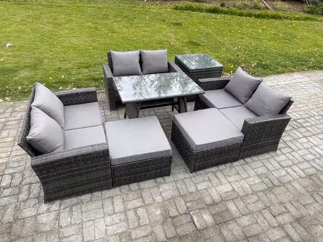 Fimous Outdoor Lounge Sofa Set in Dark Grey PE Rattan with Rectangular Dining Table, 2 Seat Sofas and 2 Large Footstools