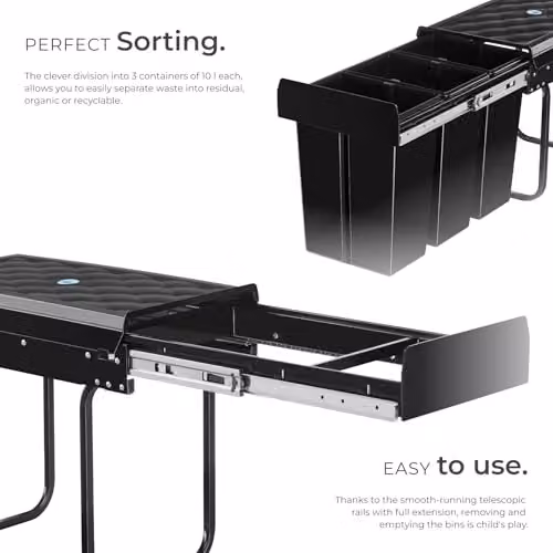 tectake Ashlyn Kitchen Bin with 3 Compartments in Black, 30L Capacity – 3