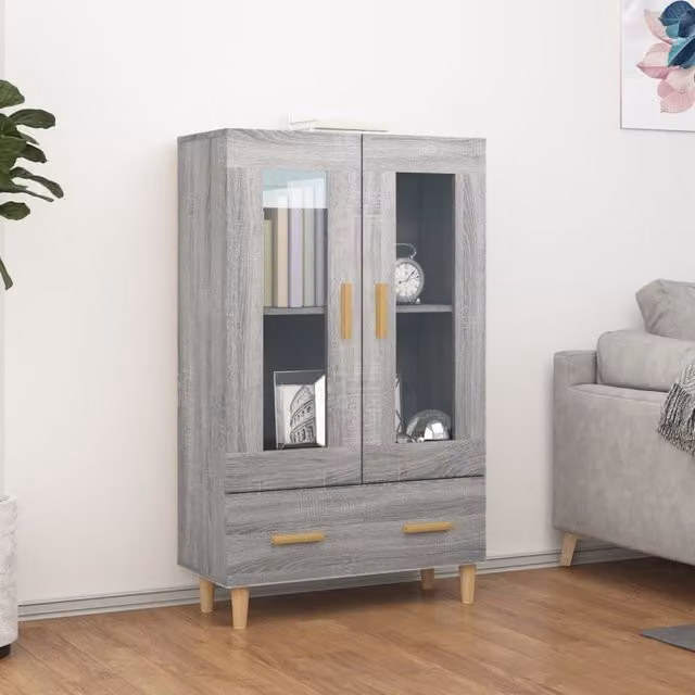 Berkfield Home Grey Sonoma Highboard with Glass Doors and Internal Drawers, W/D/H: 70 x 31 x 115 cm