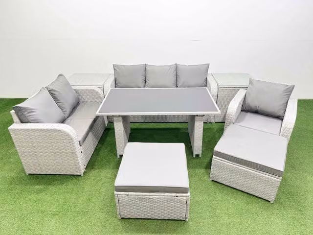 Fimous 8 Seater Rattan Outdoor Sofa Set with 2 Side Tables and 2 Stools in Light Grey