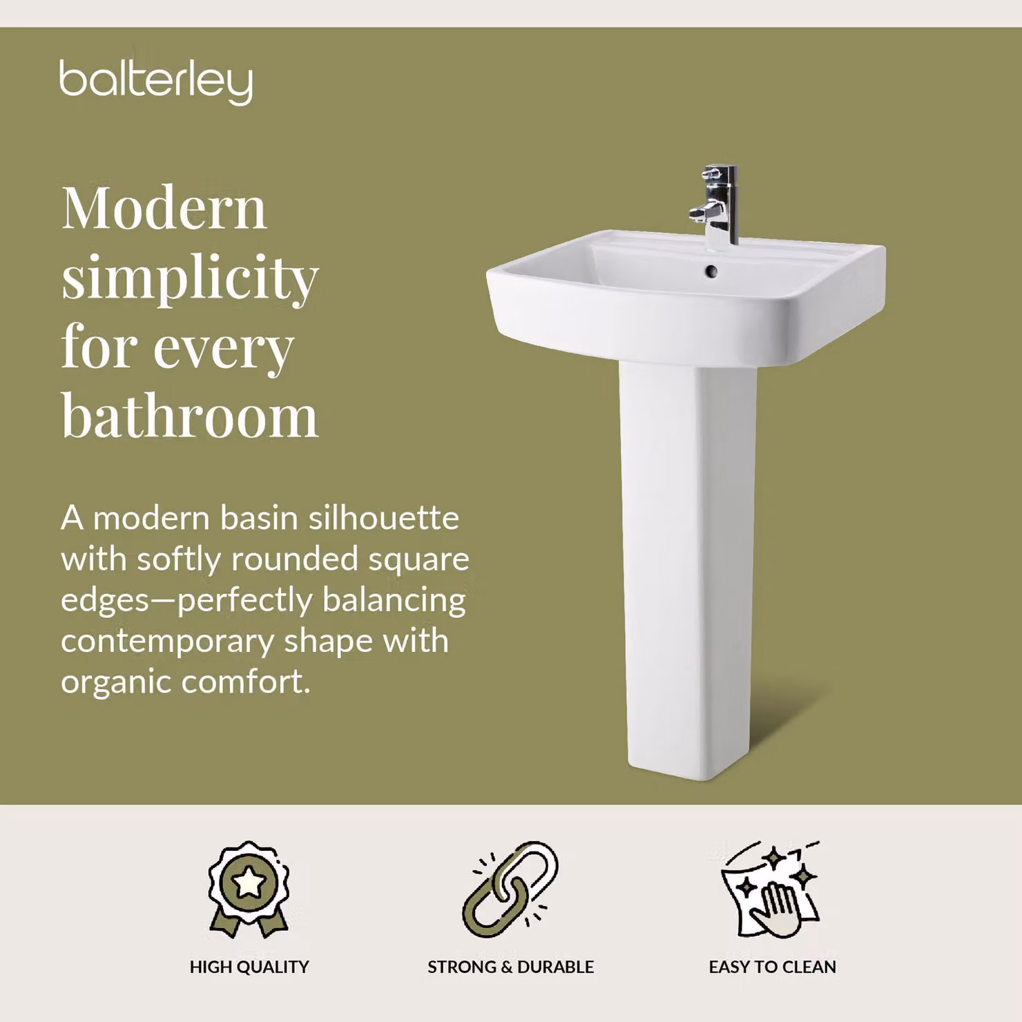 Balterley Square 1 Tap Hole Basin with Full Pedestal, White, W: 52 cm, D: 42 cm, H: 82 cm – 2