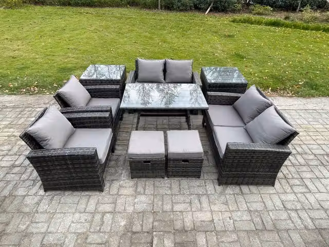 Fimous 9 Piece Dark Grey Wicker Rattan Garden Furniture Set with Glass Table