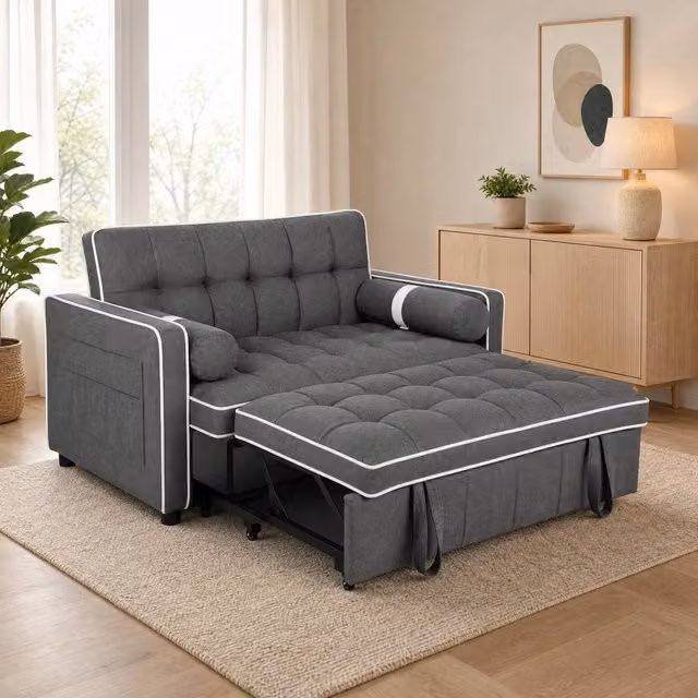 STILVORA Two-Seater Upholstered Sofa Bed in Grey with Pull-Out Mechanism and Scatter Cushions, 140 x 200 cm