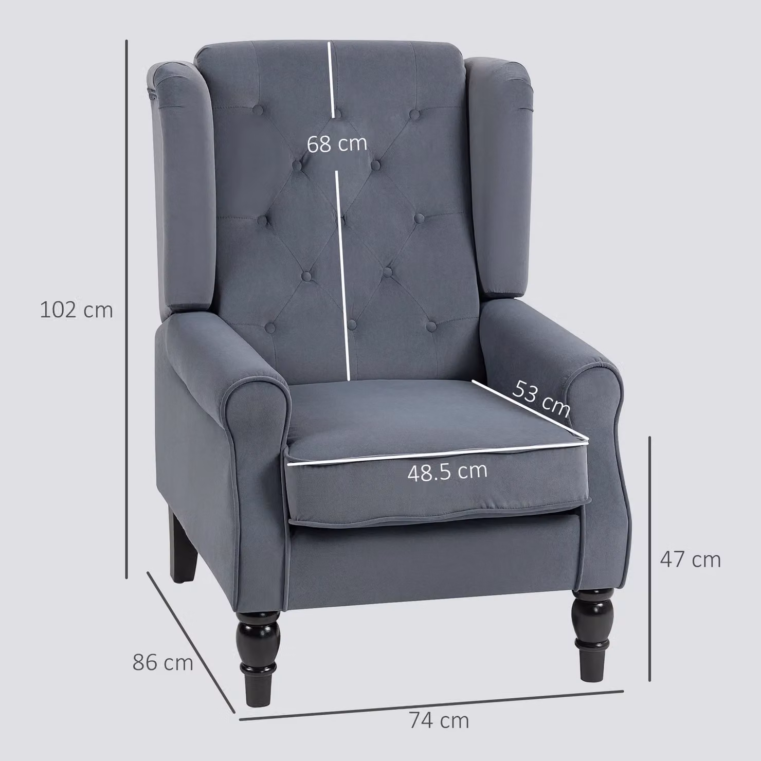 HOMCOM Retro Wingback Accent Armchair with Solid Wood Frame in Grey Fabric – 2