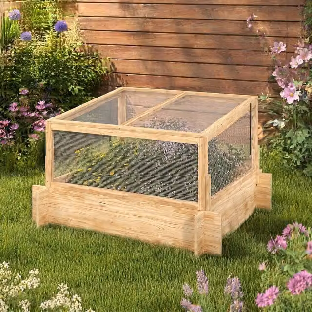 STILVORA Greenhouse Planter Box with Openable Roof in Brown and Sand Wood and Polycarbonate W/D/H: 98.0 x 53.5 x 53.5 cm – 1