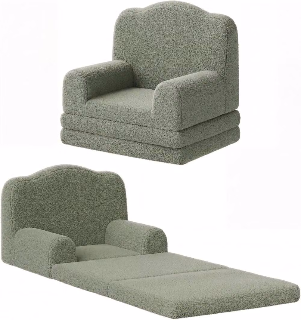 London Boutique 2-in-1 Convertible Kids Sofa Bed in Green with Sherpa Fleece and Foam Upholstery – 2