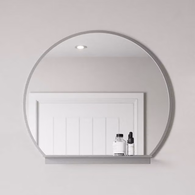 Bathwell Modern Round Wall Mounted Bathroom Mirror with Shelf in Silver or Black
