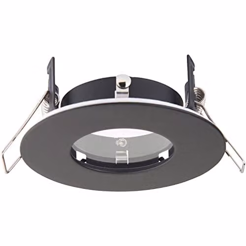 Loops Recessed Compact Bathroom Downlight, 50W GU10 LED, IP65 Rated, Matt Black and Transparent Glass – 1
