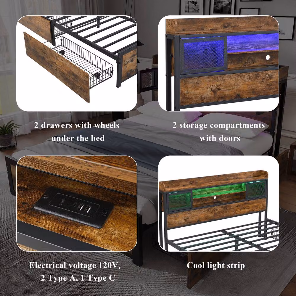 BTM Black Metal Bed with LED Under-Bed Lighting, 2 Drawers and USB Charging Ports, W/D/H: 140 x 200 x 83.5 cm – 6