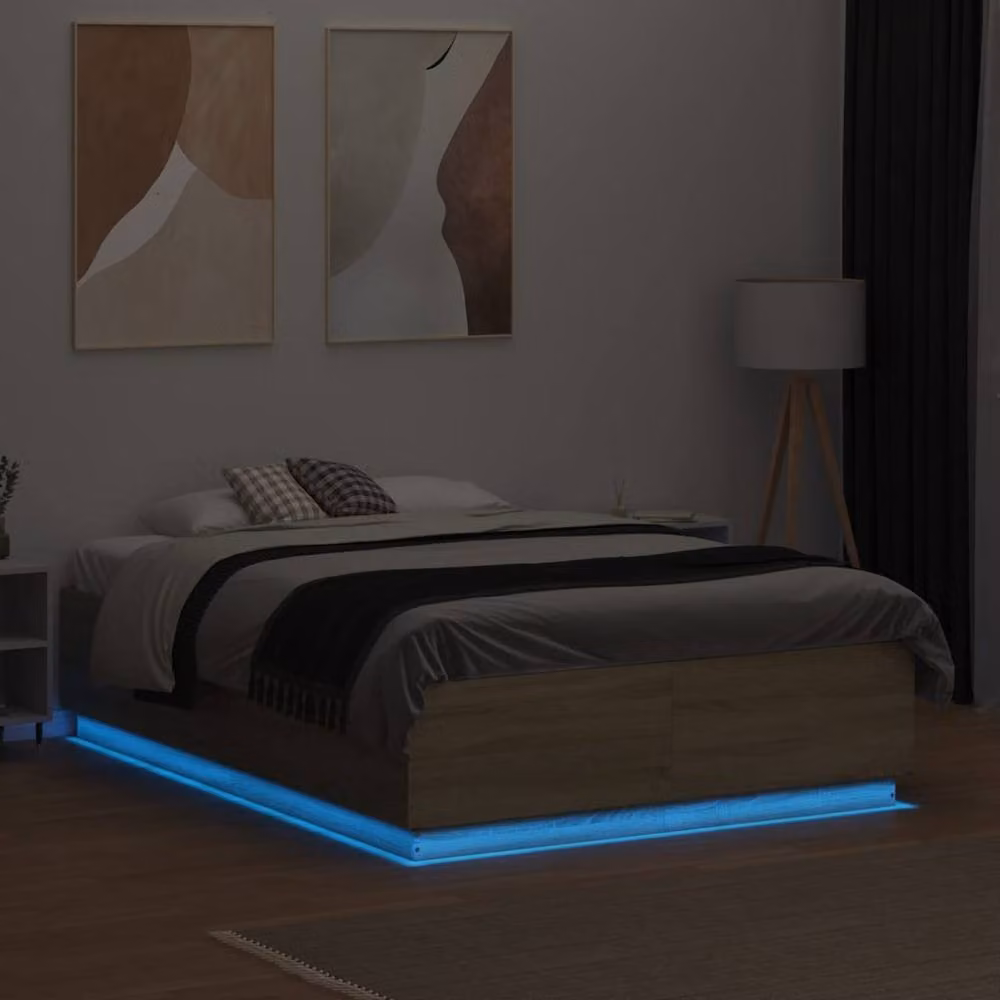 Berkfield Home Sonoma Oak Small Double Bed Frame with LED Lighting and USB Charging Port, Light Tan, W/D/H: 120 x 190 cm – 4