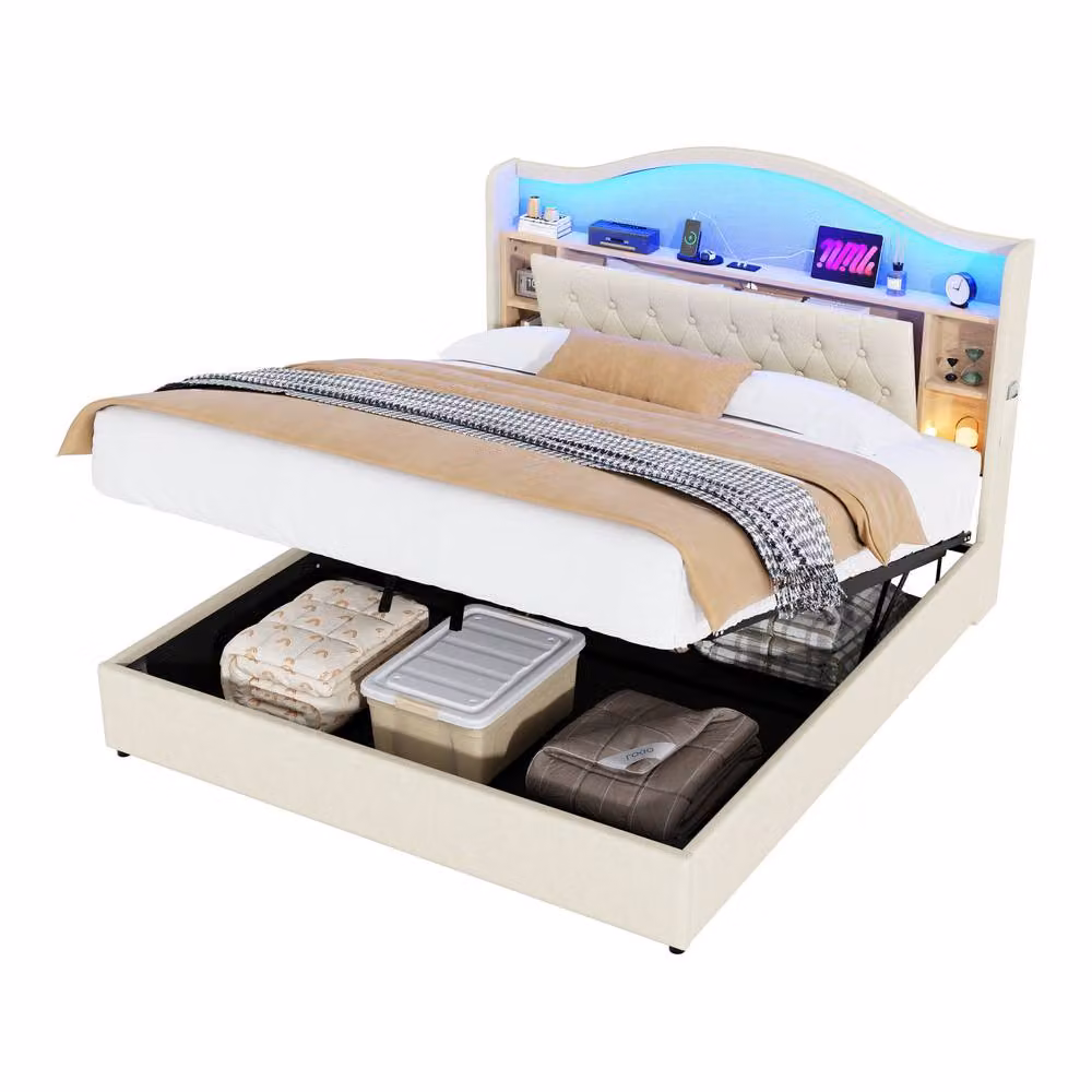 Merax King Size Upholstered Bed Frame with Storage, LED Tufted Headboard and USB Charging Port, Beige, W/D/H: 150 x 200 x 157 cm – 5