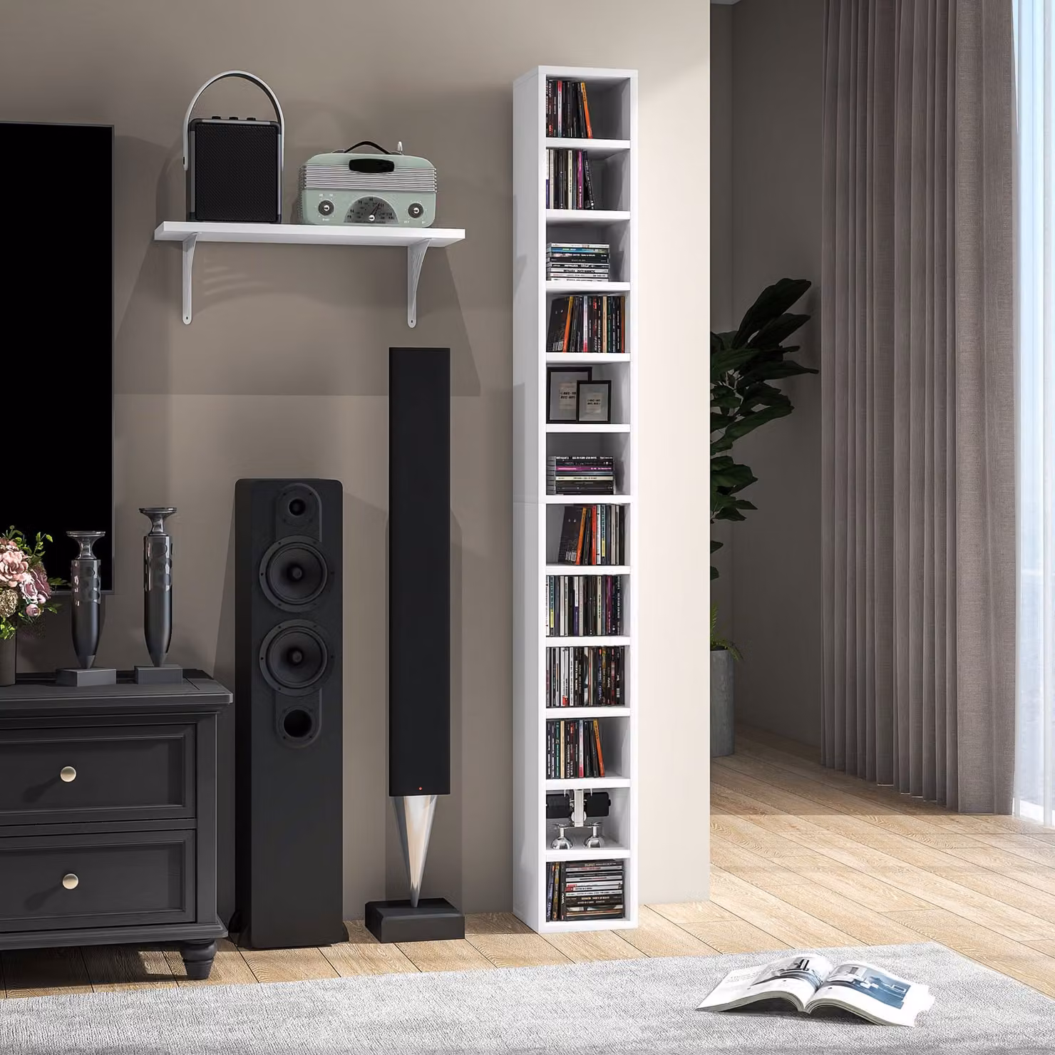 HOMCOM White 12-Cube CD and DVD Storage Unit, 175 cm Tall Freestanding Bookcase for Living Room or Home Office – 2