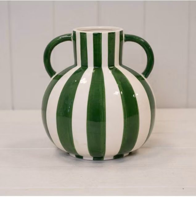 KDMD Classic Green and White Striped Ceramic Round Tabletop Statement Vase