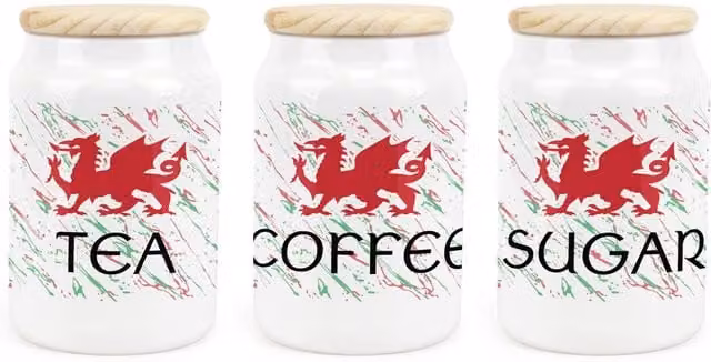 Purely Home Welsh Dragon Ceramic Tea, Coffee and Sugar Canister Set in Red, Green and White