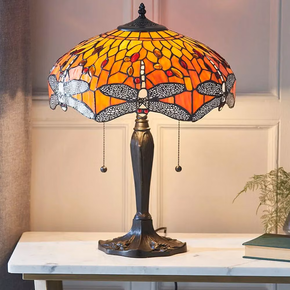 Loops Tiffany Glass Table Lamp with Orange and Red Dragonfly Shade and Dark Bronze Base – 3