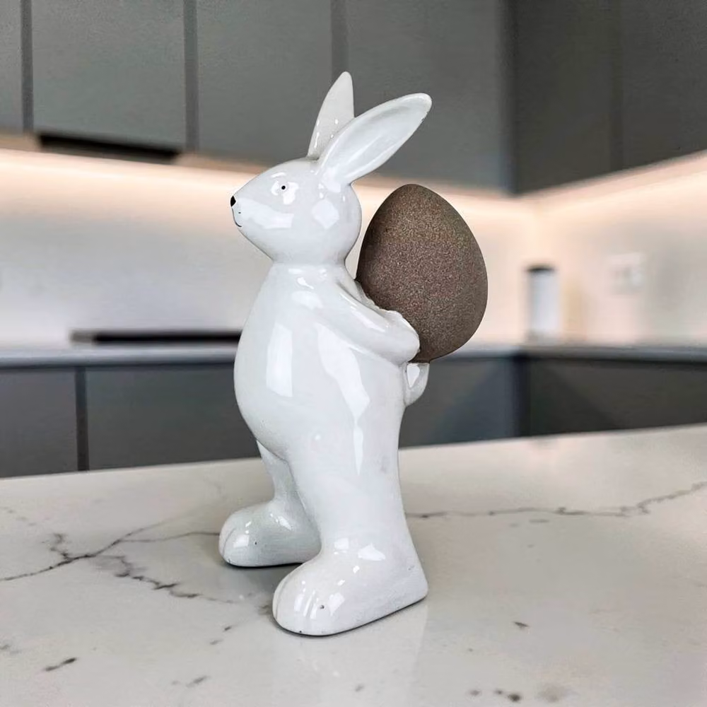 Four Candle White and Grey Ceramic Rabbit Holding an Egg Tabletop Decoration, Height: 17.5 cm – 2