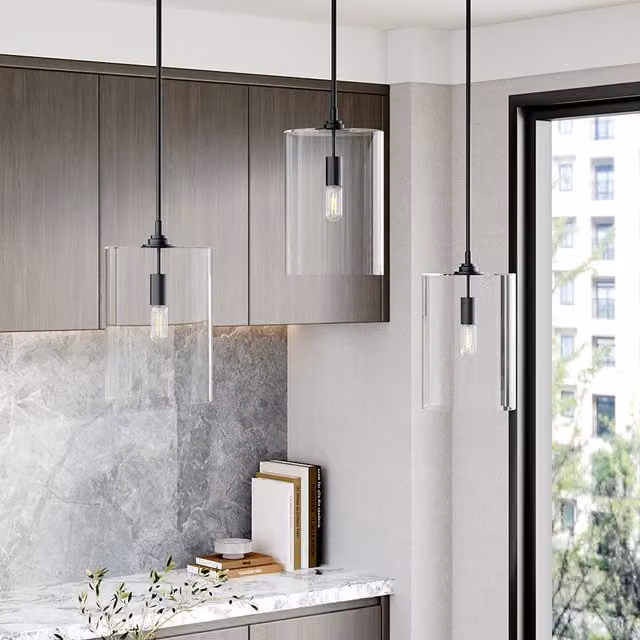 Livingandhome Modern Black Metal Suspended Pendant Light with Transparent Glass Cylinder Lampshade