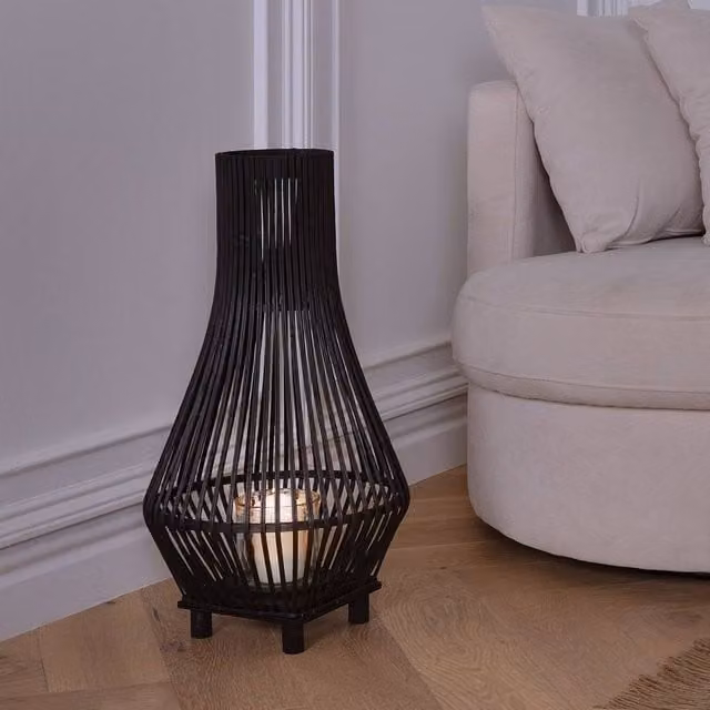 Wyld and Coco Black Bamboo Candle Lantern with Glass Insert, Height: 38 cm
