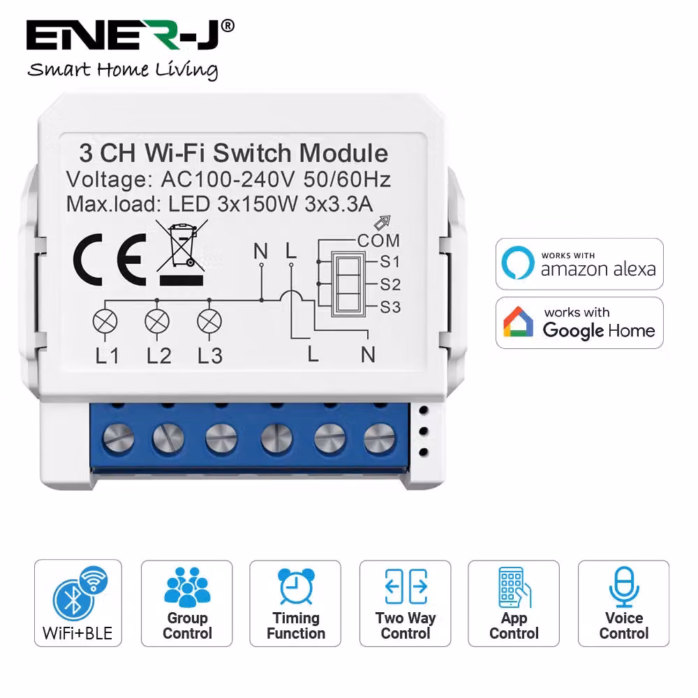 ENER-J Smart Home WiFi and BLE 3 Gang Light Switch Module in White – 2