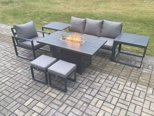 Fimous 7 Piece Aluminium Garden Furniture Set with Gas Fire Pit Dining Table, Cushions, 2 Footstools and 2 Side Tables in Dark Grey