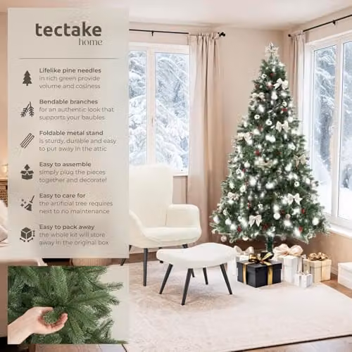 tectake Artificial Christmas Tree in Green with Lifelike Pine Needles and Foldable Steel Stand, Height: 210 cm – 2