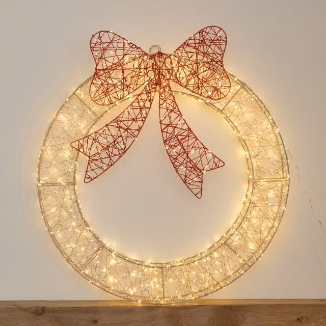 Samuel Alexander 70cm Christmas Wreath with 750 Warm White LEDs, Timer and Red Bow in Gold/Brass – 1