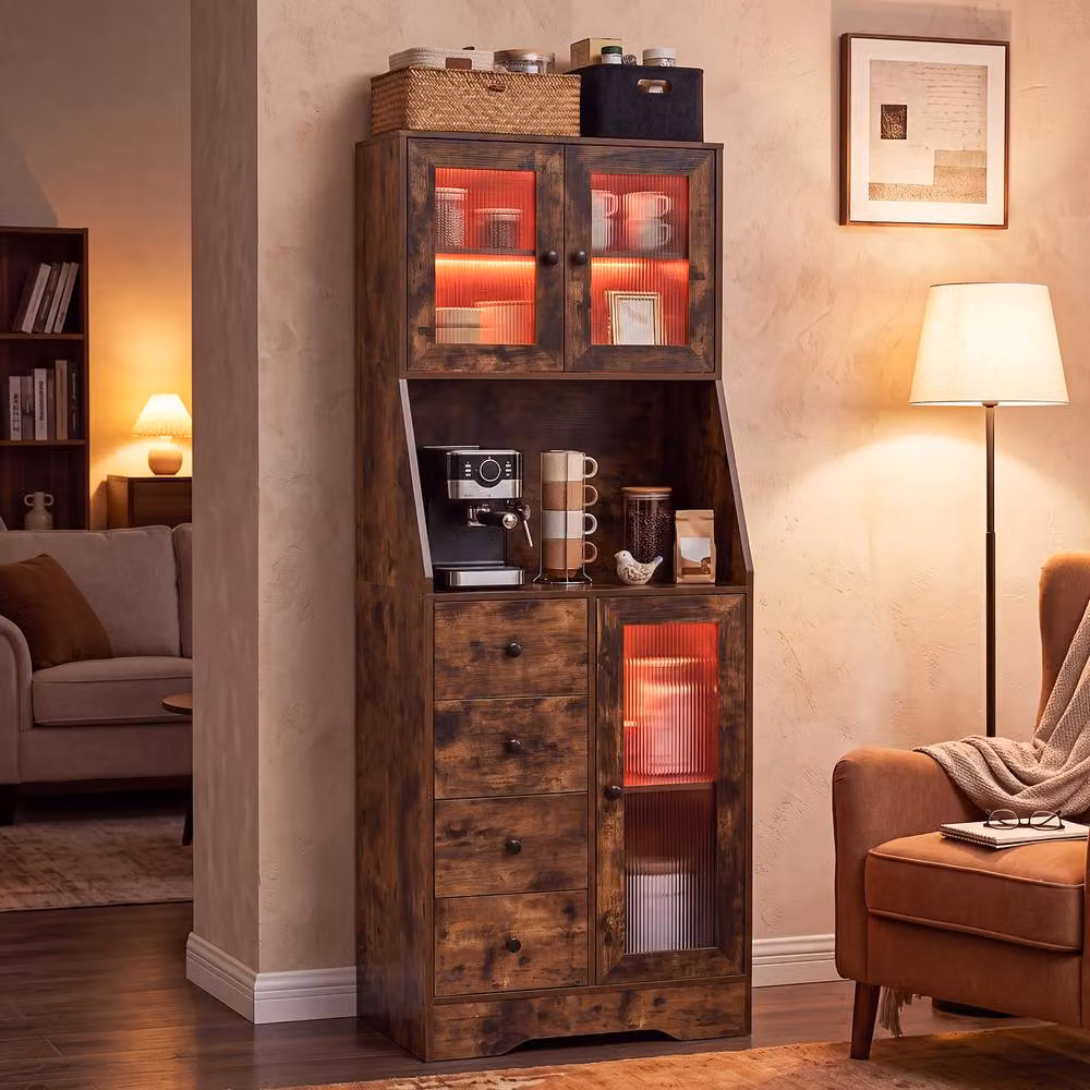 Gymax Freestanding Kitchen Pantry and Coffee Bar Cabinet with Integrated LED Lights in Brown – 4