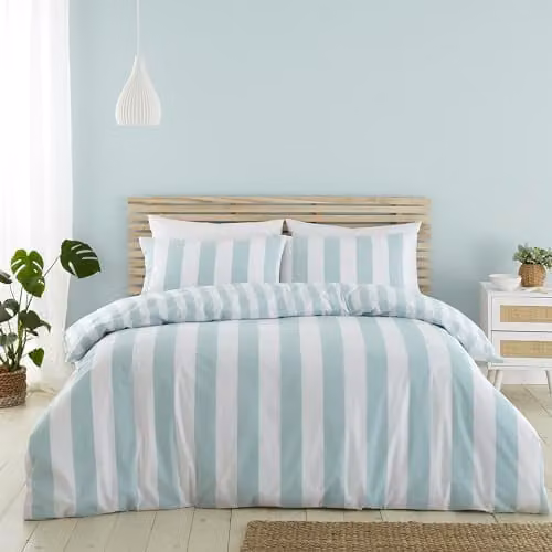 Catherine Lansfield Cove Stripe Reversible Double Duvet Cover and Pillowcase Set in Blue and White, W/D/H: 200 x 200 cm