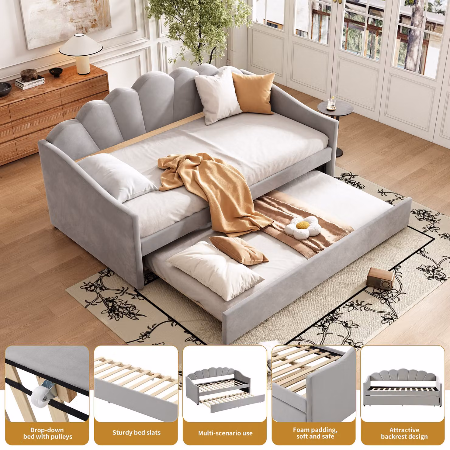 Aosom.UK Grey Upholstered Velvet Single Day Bed with Trundle and Scalloped Cushion, W/D/H: 202 x 190 x 95 cm – 3
