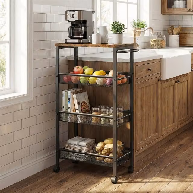 VASAGLE 4-Tier Metal Kitchen Trolley Cart with Wheels in Bronze
